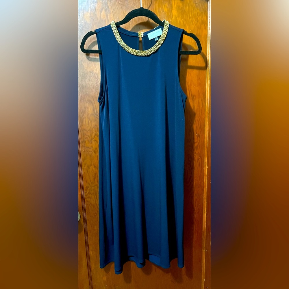 Elegant Navy Blue Cocktail Dress w/ Double Braided Gold Chain Neckline